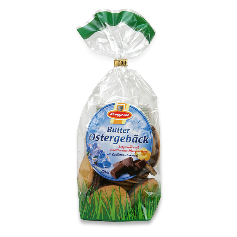 Feines Buttergebäck mit Zartbitterschokolade - Produkt von Borggreve - Ostergebäck, Osterkekse, Butterkekse, Buttergebäcke, Schokoladengebäck
