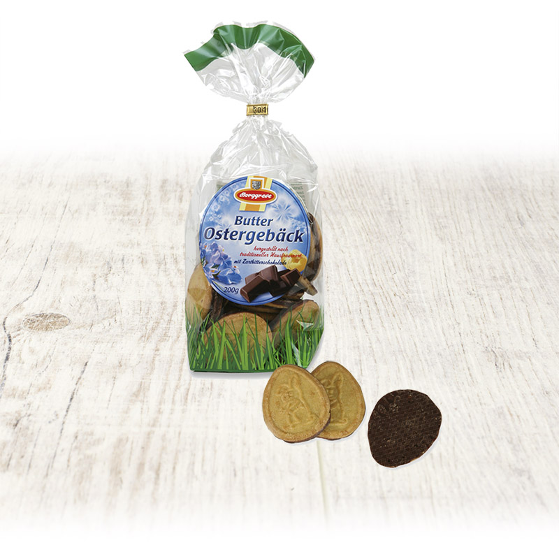 Feines Buttergebäck mit Zartbitteorschokolade - Produkt vn Borggreve - Ostergebäck, Osterkekse, Butterkekse, Buttergebäcke, Schokoladengebäck