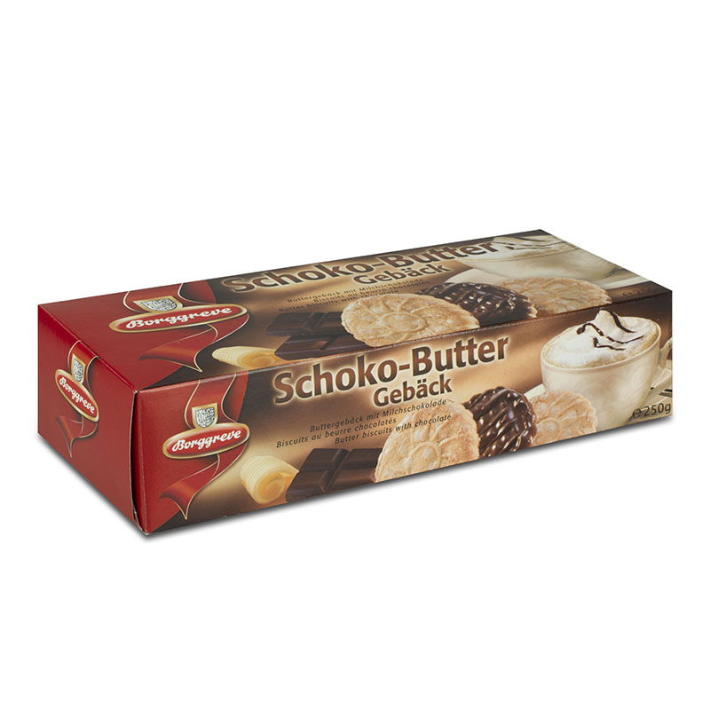 Schoko Butter Gebäck - Produkt von Borggreve - Buttergebäck, Vollmilchschokolade, Schokokekse, Butterkekse, Jahresgebäck