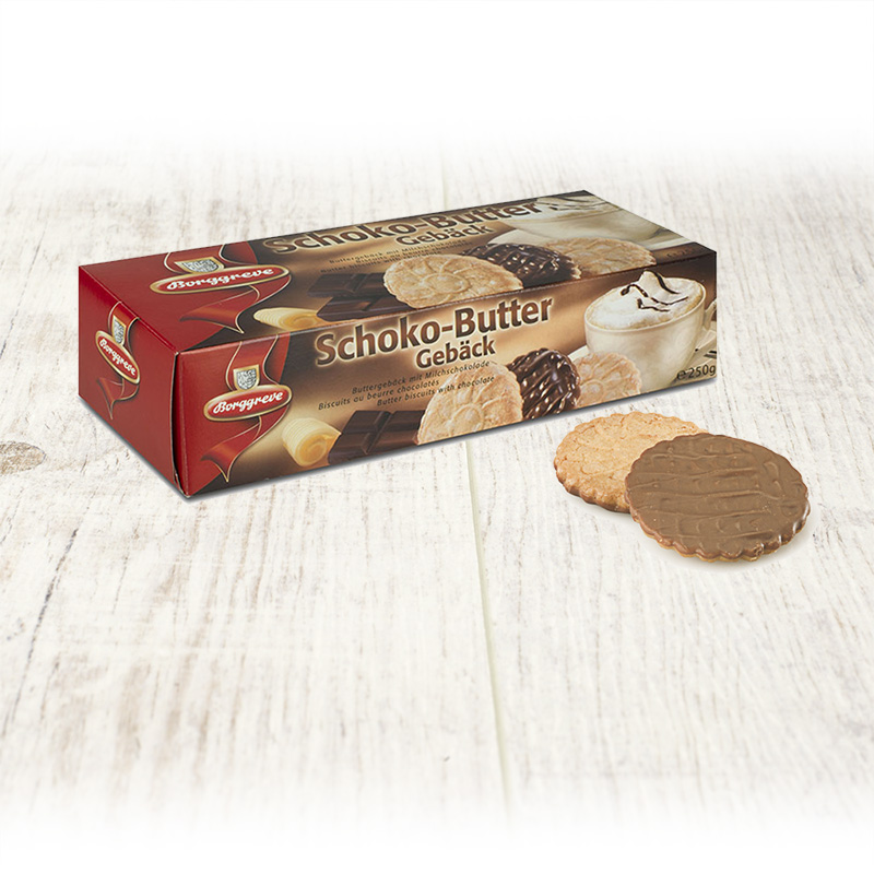 Schoko Butter Gebäck - Produkt von Borggreve - Buttergebäck, Vollmilchschokolade, Schokokekse, Butterkekse, Jahresgebäck