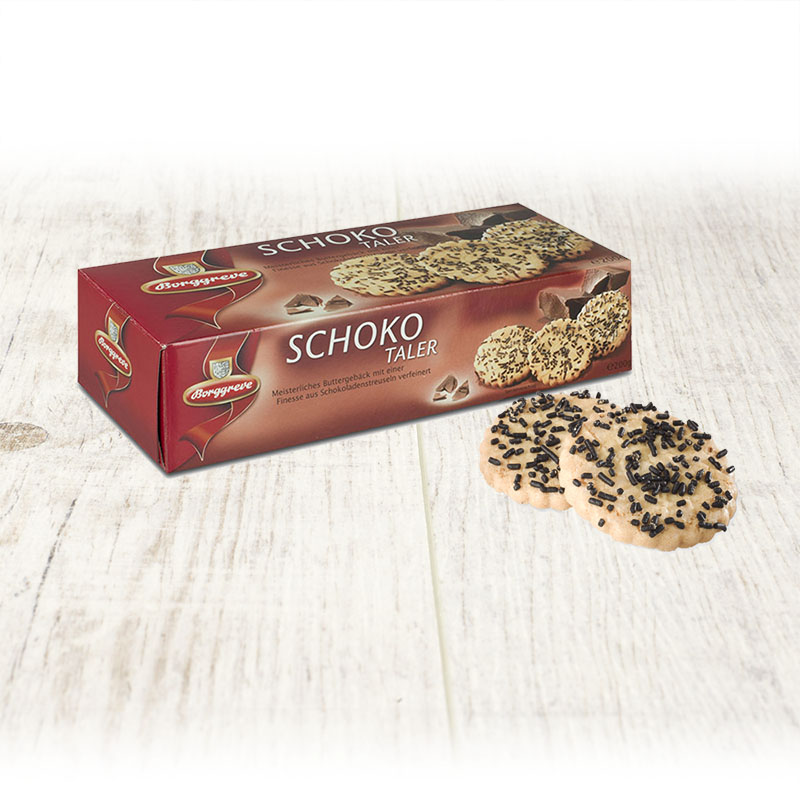 Schoko Taler - Produkt von Borggreve - Buttergebäck, mit Schokostreuseln, Schokokekse, Butterkekse